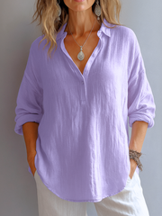 Damen V-Ausschnitt Langarm Leinen Bluse – Lila