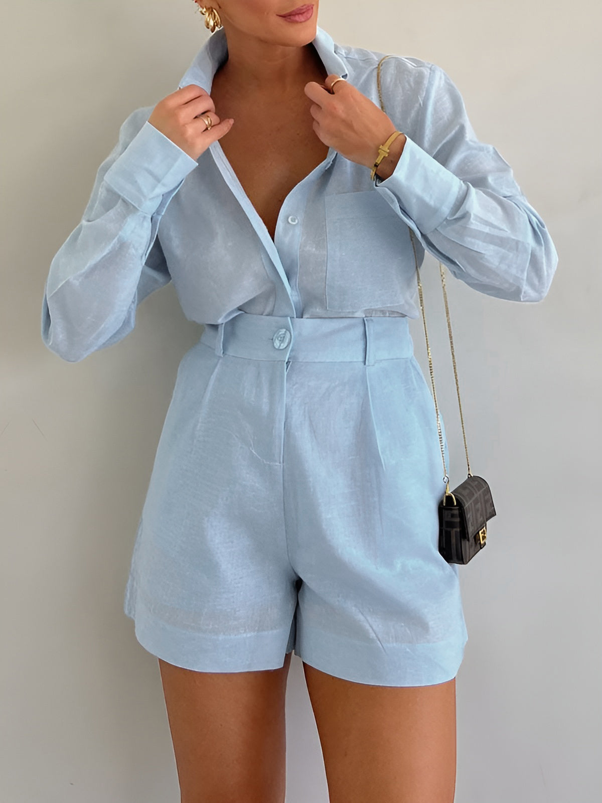 Damen Oversized Langarm-Shorts-Set – Tencel-Mix Lounge-Kombination