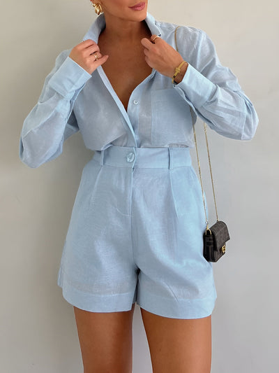 Damen Oversized Langarm-Shorts-Set – Tencel-Mix Lounge-Kombination
