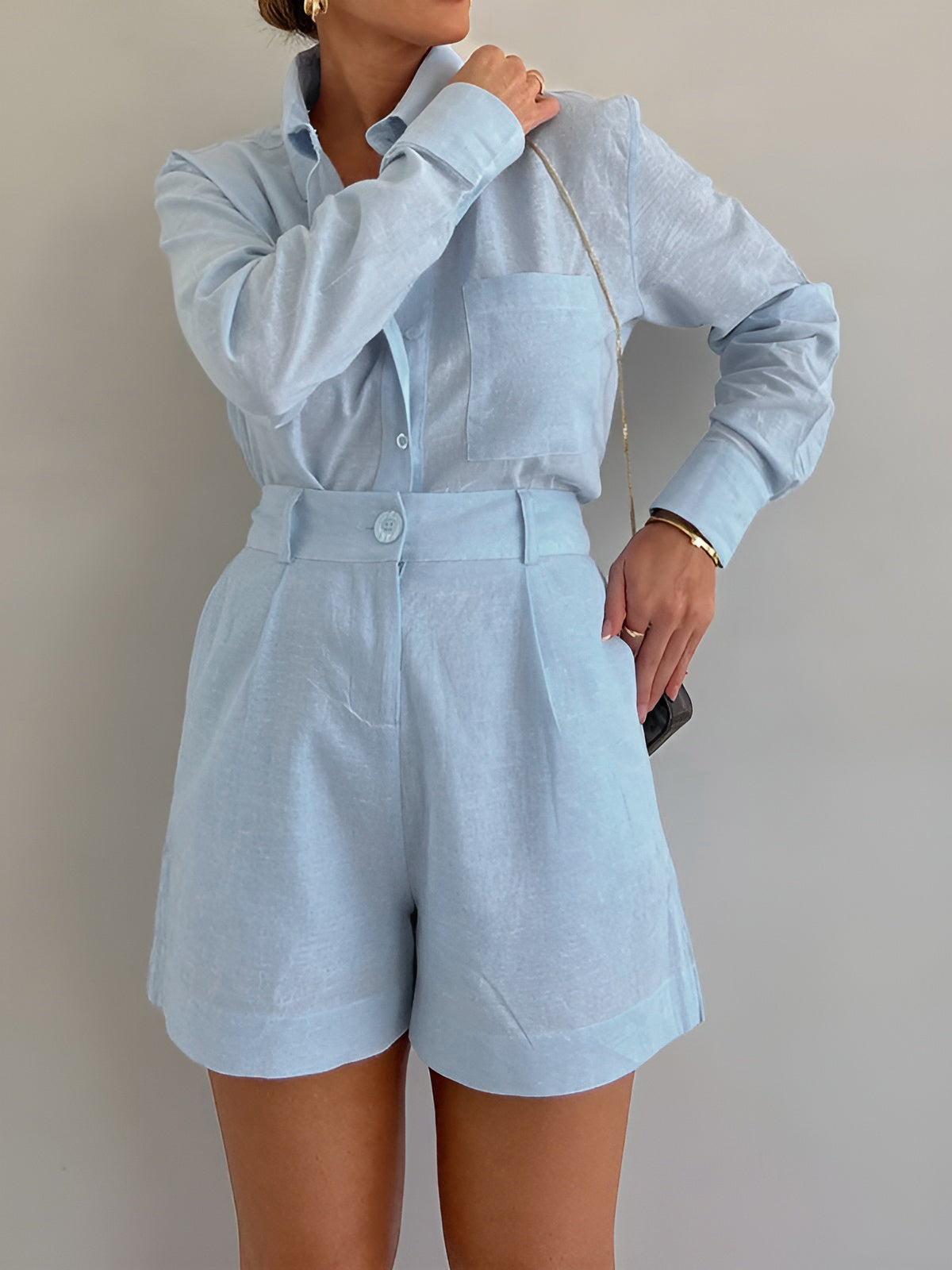 Damen Oversized Langarm-Shorts-Set – Tencel-Mix Lounge-Kombination