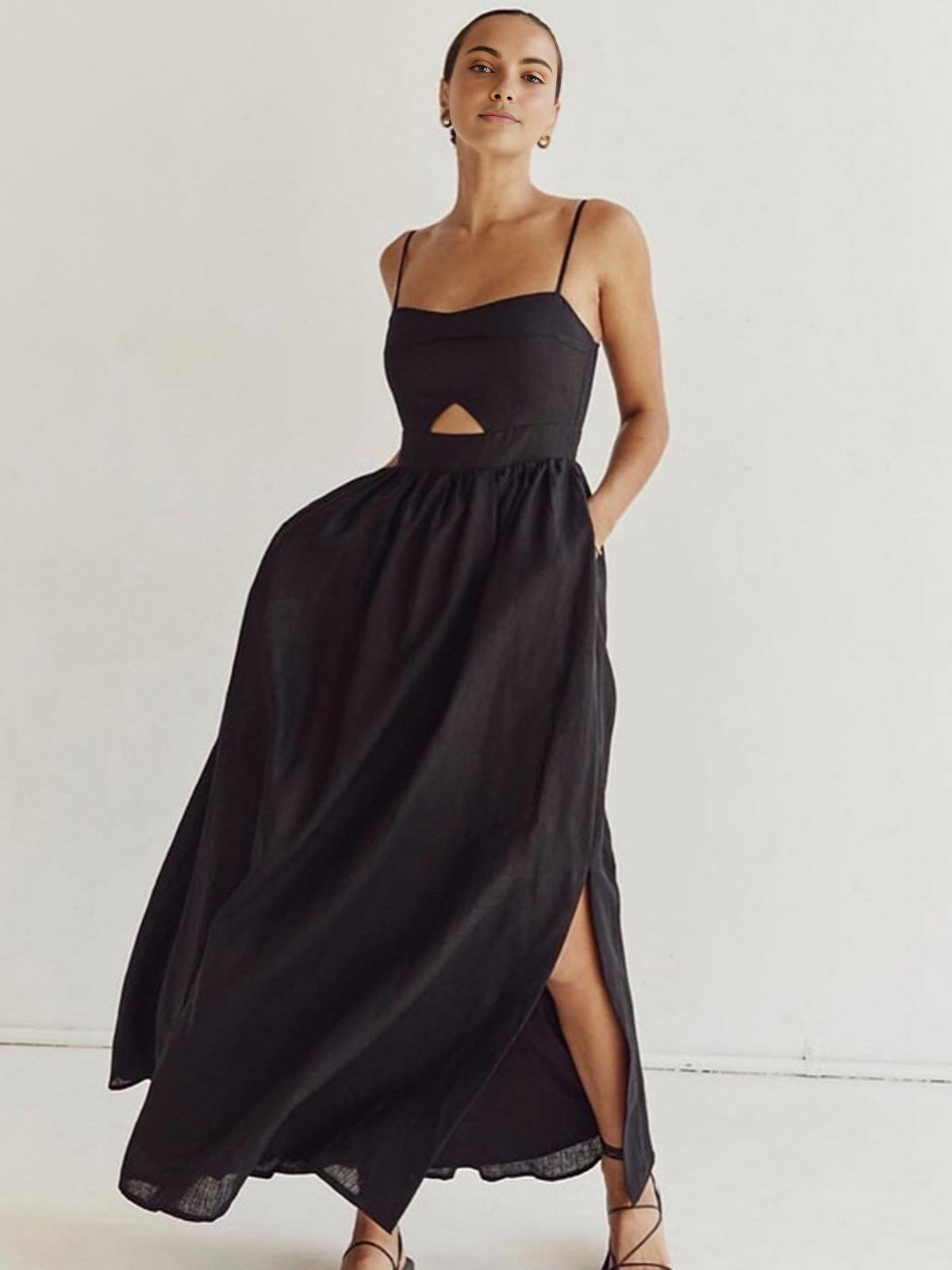 Maxikleid aus Baumwolle mit Cut-Outs und Taschen – ärmellos, elegant