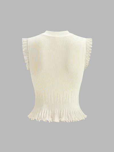 Rippstrick Crop Top mit Rüschen – Beige – Sommer Damen Oberteil