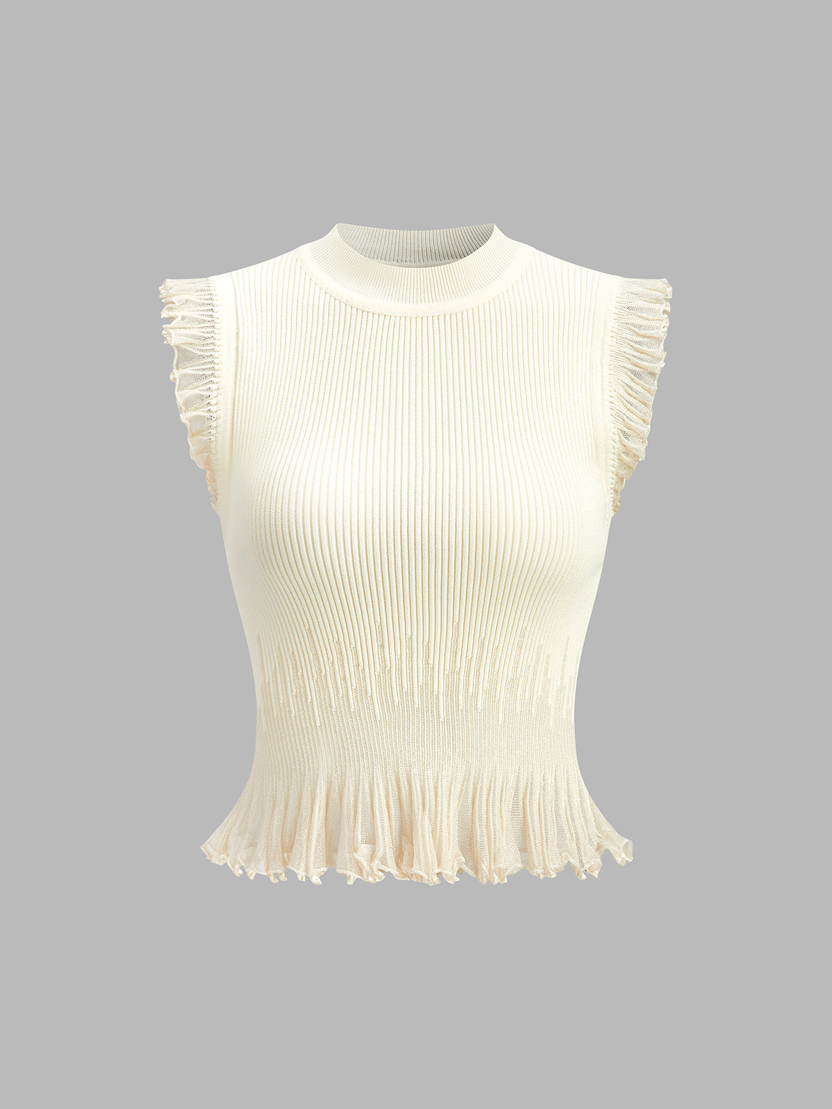 Rippstrick Crop Top mit Rüschen – Beige – Sommer Damen Oberteil
