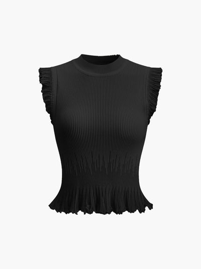 Rippstrick Crop Top mit Rüschen – Beige – Sommer Damen Oberteil