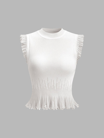 Rippstrick Crop Top mit Rüschen – Beige – Sommer Damen Oberteil
