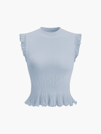 Rippstrick Crop Top mit Rüschen – Beige – Sommer Damen Oberteil