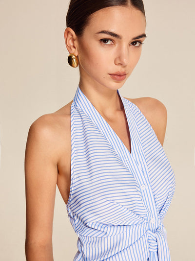 Gestreiftes Neckholder Top Damen – Sommer Crop Top mit V-Ausschnitt