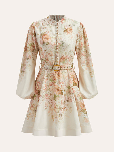 Leinen-Kleid mit Puffärmeln & Blumenmuster