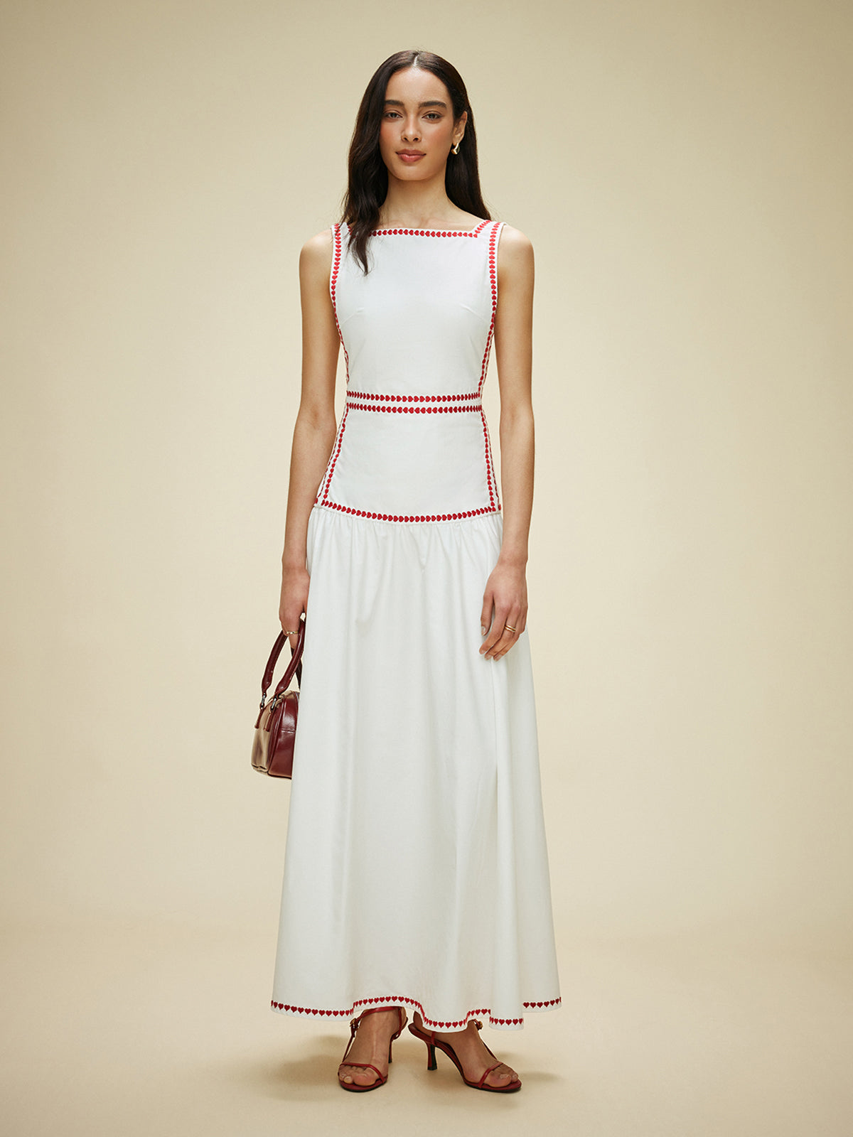 Damen Maxikleid aus Baumwolle mit Kontrastbesatz & Rückenschleife