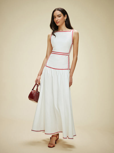 Damen Maxikleid aus Baumwolle mit Kontrastbesatz & Rückenschleife