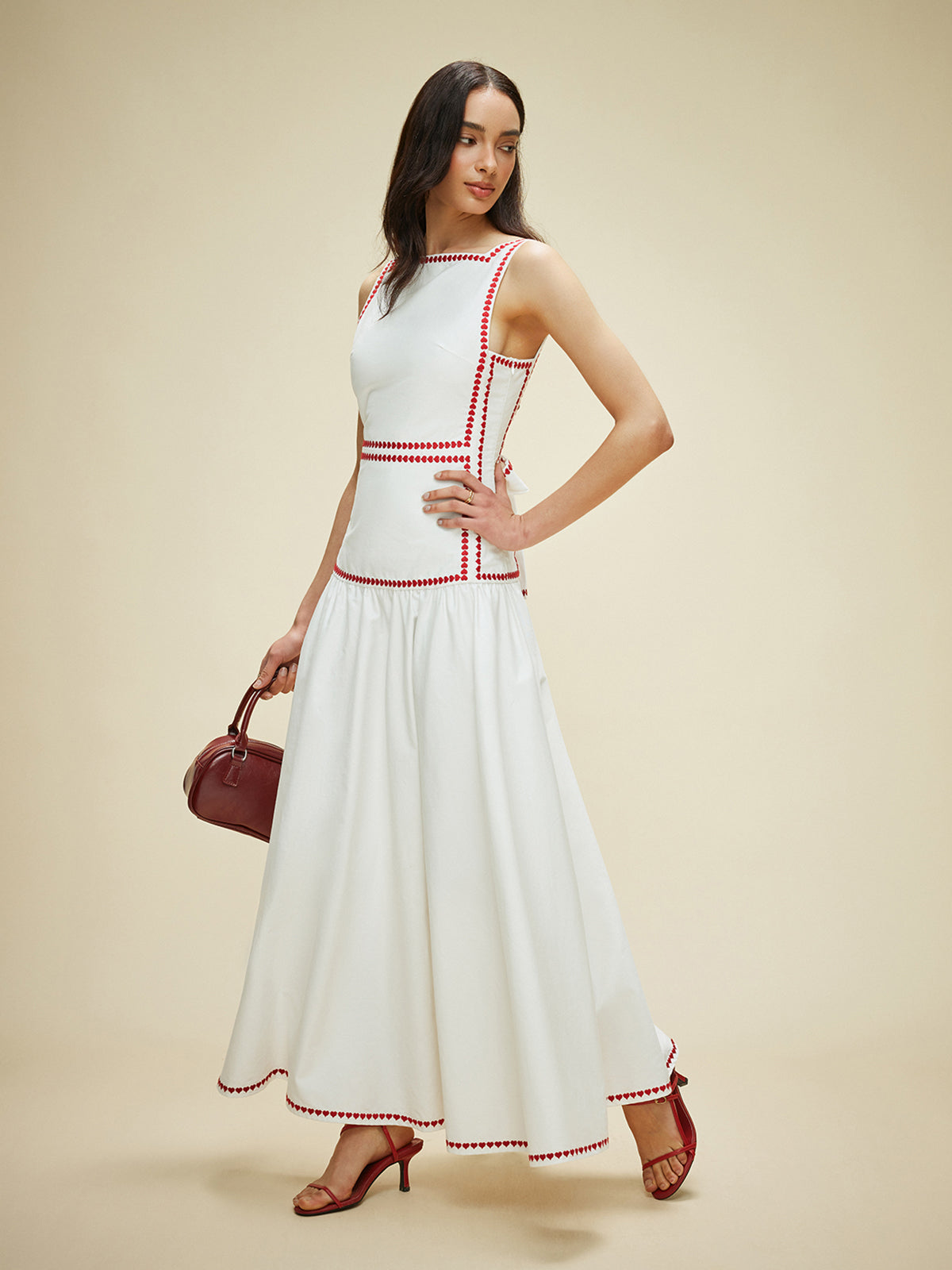 Damen Maxikleid aus Baumwolle mit Kontrastbesatz & Rückenschleife