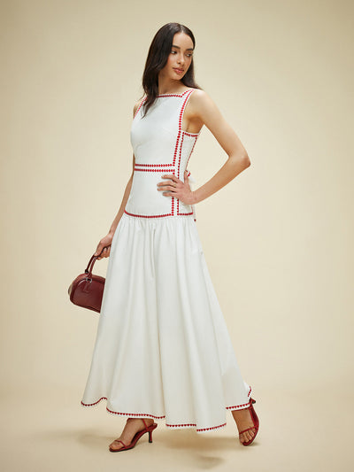 Damen Maxikleid aus Baumwolle mit Kontrastbesatz & Rückenschleife