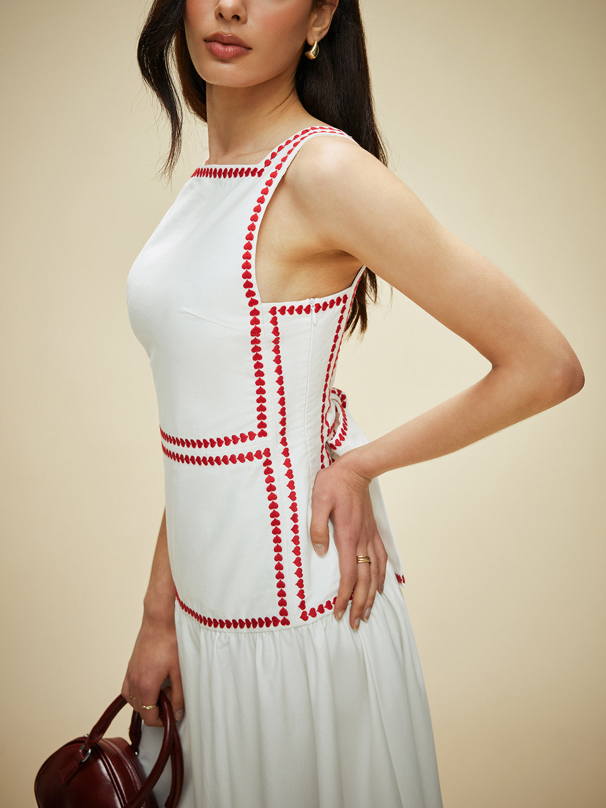 Damen Maxikleid aus Baumwolle mit Kontrastbesatz & Rückenschleife