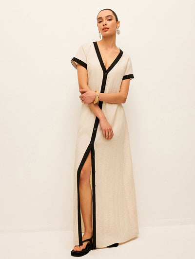 Leinen-Mix Maxikleid mit hohem Schlitz & Kontrastbesatz – Sommerstil