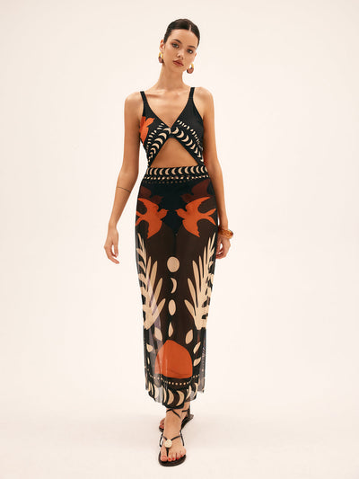 Luftiger Maxirock mit Vogelprint – Mesh Strand-Cover-Up