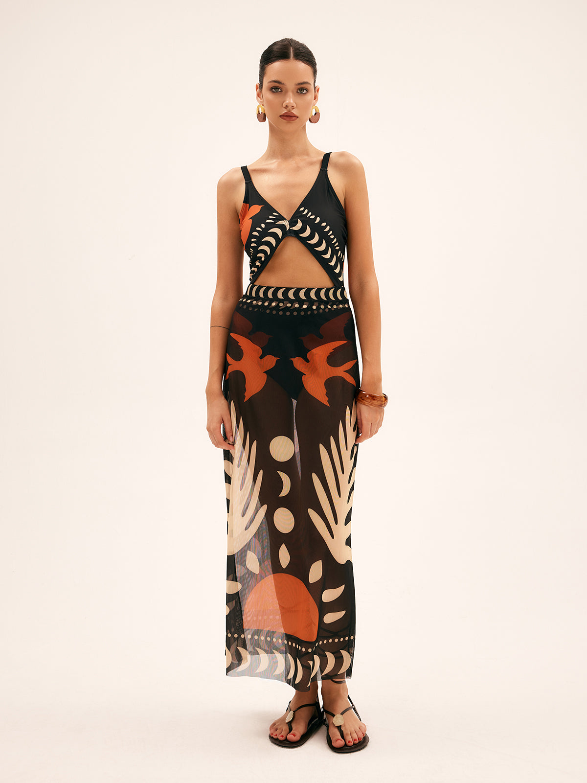 Luftiger Maxirock mit Vogelprint – Mesh Strand-Cover-Up
