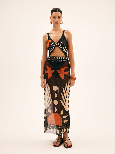 Luftiger Maxirock mit Vogelprint – Mesh Strand-Cover-Up