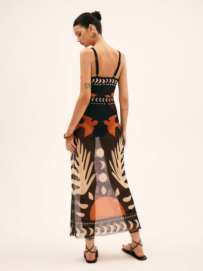 Luftiger Maxirock mit Vogelprint – Mesh Strand-Cover-Up