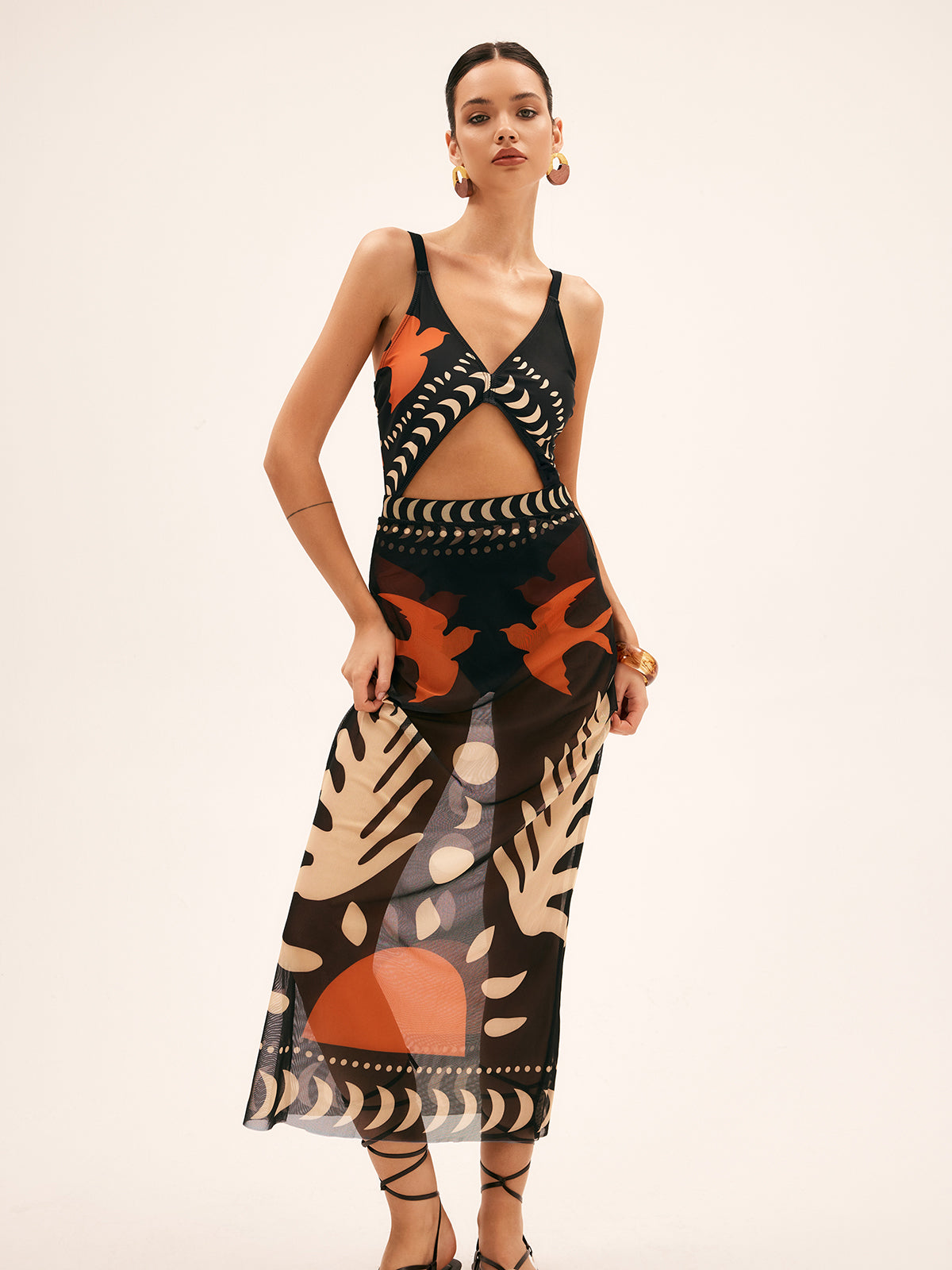 Luftiger Maxirock mit Vogelprint – Mesh Strand-Cover-Up