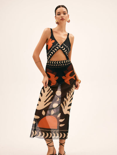 Luftiger Maxirock mit Vogelprint – Mesh Strand-Cover-Up