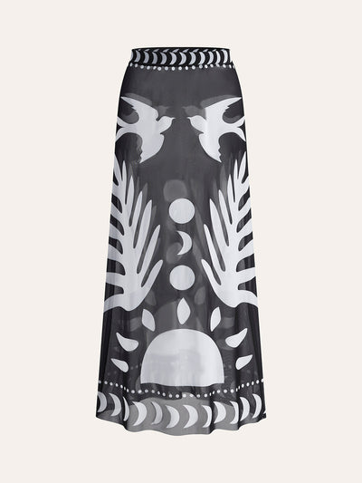Luftiger Maxirock mit Vogelprint – Mesh Strand-Cover-Up