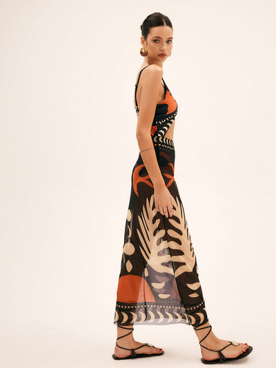 Luftiger Maxirock mit Vogelprint – Mesh Strand-Cover-Up