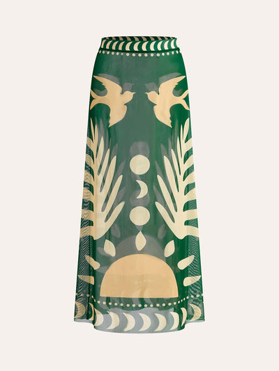 Luftiger Maxirock mit Vogelprint – Mesh Strand-Cover-Up