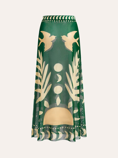 Luftiger Maxirock mit Vogelprint – Mesh Strand-Cover-Up