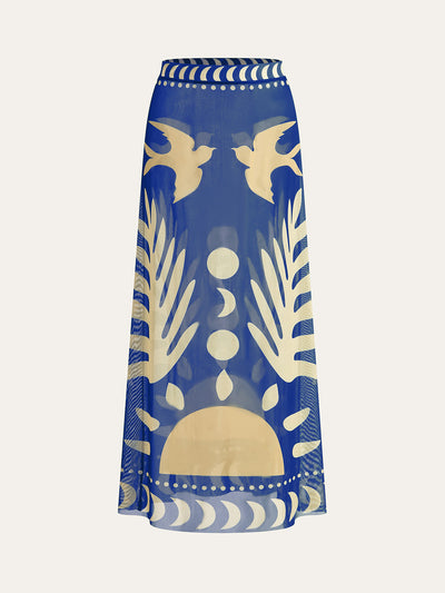 Luftiger Maxirock mit Vogelprint – Mesh Strand-Cover-Up