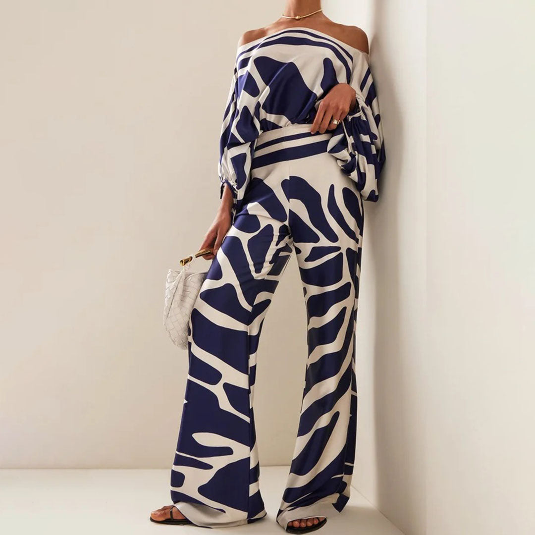 Elegantes Damen Zweiteiliges Satin-Set – Off-Shoulder Top & Weite Hose