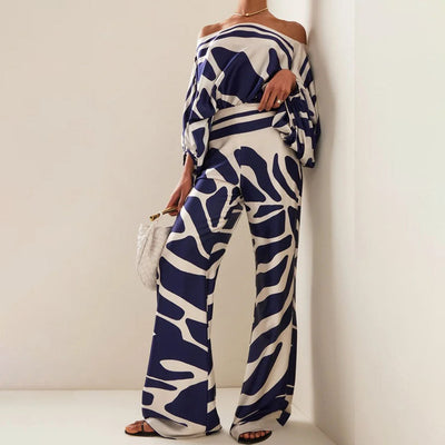 Elegantes Damen Zweiteiliges Satin-Set – Off-Shoulder Top & Weite Hose