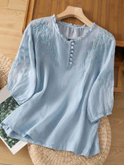 Blumenmuster Rüschenbesatz Bluse Damen | Zierknöpfe & Luftiger Wohlfühl-Sitz – Blau