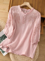 Blumenmuster Rüschenbesatz Bluse Damen | Zierknöpfe & Luftiger Wohlfühl-Sitz – Rosa