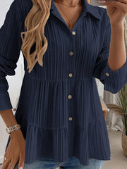 Bluse Damen | Elegant Tailliert mit Stufenrock & Knopfleiste – Marineblau