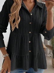 Bluse Damen | Elegant Tailliert mit Stufenrock & Knopfleiste – Schwarz