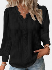 Bluse Damen | Elegant mit Spitzenbesatz & V-Ausschnitt Langarm – Schwarz
