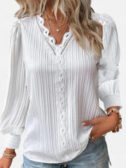 Bluse Damen | Elegant mit Spitzenbesatz & V-Ausschnitt Langarm – Weiß