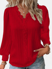 Bluse Damen | Elegant mit Spitzenbesatz & V-Ausschnitt Langarm – Rot