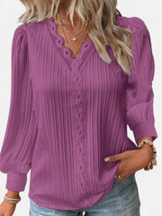 Bluse Damen | Elegant mit Spitzenbesatz & V-Ausschnitt Langarm – Lila