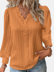 Bluse Damen | Elegant mit Spitzenbesatz & V-Ausschnitt Langarm – Orange