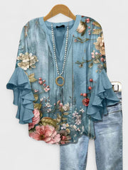 Bluse Damen – Volantärmel & schmeichelnder V-Ausschnitt – Marineblau