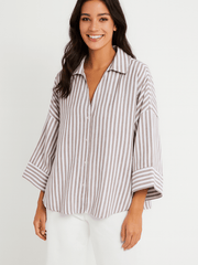 Bluse gestreift Damen | 3/4-Ärmel & Lockerer Schnitt – Braun