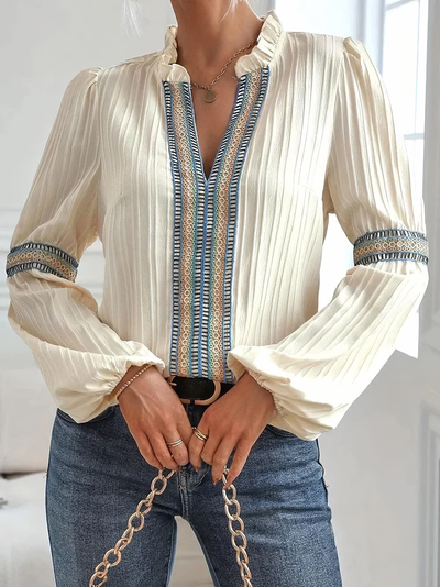 Damen Spitzenbluse mit Rüschen, V-Ausschnitt & Puffärmeln