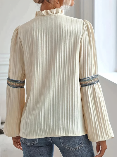 Damen Spitzenbluse mit Rüschen, V-Ausschnitt & Puffärmeln