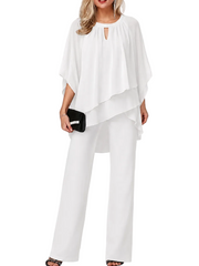 Sophia | Damen Chiffon Hosenanzug festlich, Fledermausärmel elegant – Weiß
