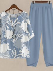 Damen Zweiteiliges Set mit Rundhals und Kurzarm – Blau