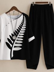 Damen Zweiteiliges Set mit Rundhals und Kurzarm – Schwarz