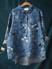 Elena | Damenbluse leicht aus Baumwolle und Leinen mit Print – Dunkelblau