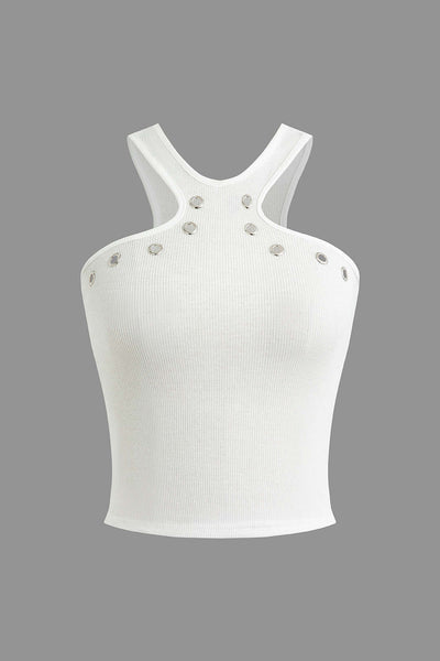 Darlene | Weiß Geripptes Tanktop mit Cut-Outs & Nieten
