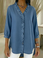 Damen V-Ausschnitt Denim Bluse - Langarm Top Mit Rüschen – Blau